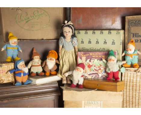 A Chad Valley Snow White and the Seven Dwarfs 1930s, with Snow White, felt head with black mohair wig, jointed cloth body, or