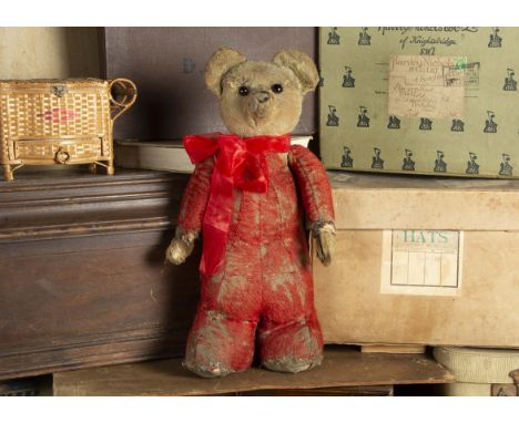 A Chad Valley Rainbow Tubby clown Teddy Bear 1930s, with red mohair body and arms, blonde mohair head and hands, orange and b