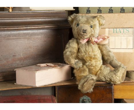 A 1930s Chiltern Hugmee Teddy Bear, with golden mohair, clear and black glass eyes, pronounced clipped muzzle, black stitched