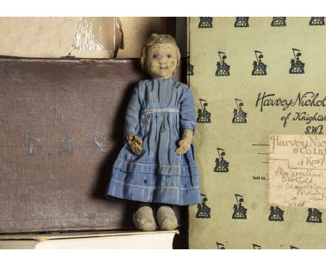 A small Steiff felt girl doll circa 1910,  with blue and black glass eyes, blonde mohair inserted wig, swivel head, limbs joi