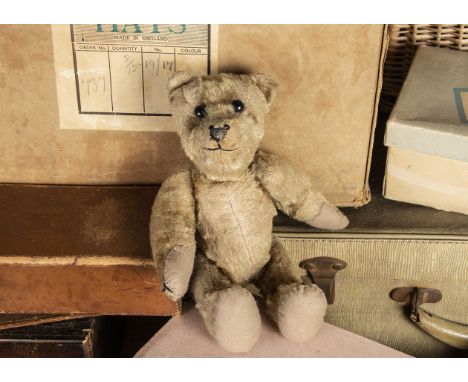 An American Teddy Bear 1910-20s, with blonde mohair, black boot button eyes, pronounced muzzle, black stitched nose, mouth an