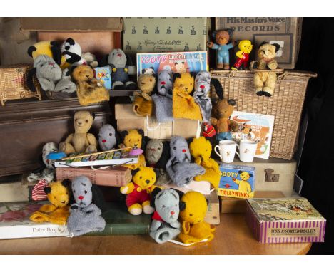 Sooty the Bear, including nineteen Sooty, Sweep and Soo hand puppets, most by Chad Valley, one with original card tag; a Chad