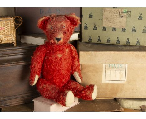 Will Scarlet - a German red mohair 1930s Teddy Bear,  with replaced glass eyes, pronounced muzzle, black stitched nose, mouth