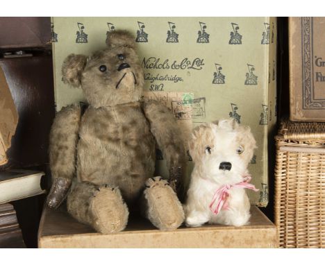 A German Teddy Bear 1910-20 and his Alpha Farnell Beauty dog, with blonde mohair, black boot button eyes, pronounced muzzle, 