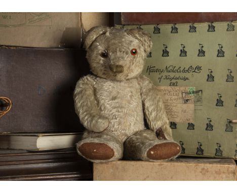 Thoughtful - a late 1930s Chad Valley Teddy Bear, with light brown mohair, orange and black glass eyes, brown stitched nose a