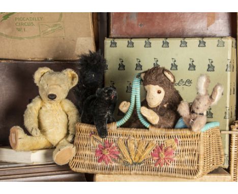 A Chad Valley 1930s Teddy Bear and his companions,  with golden mohair, pronounced clipped muzzle, black stitched bulbous nos