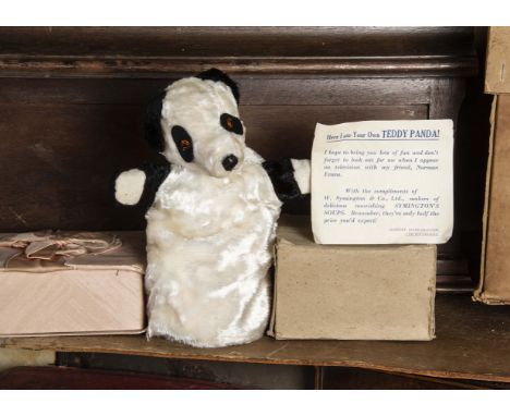 A Symington’s Soup Panda hand puppet premium,  with white and black artificial silk plush, orange and black plastic eyes, bla