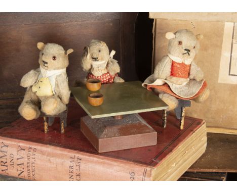 A rare Chad Valley Bear’s Tea Party circa 1938, comprising Mr Bear, Mrs Bear and Baby Bear, all with light brown wool plush, 