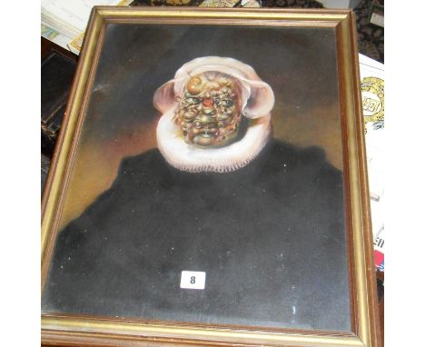 David DENISON (b.1939) surrealistic & anthropomorphic portrait, in oils, signed & titled "Rembrandt Forgery", 20" x 16"