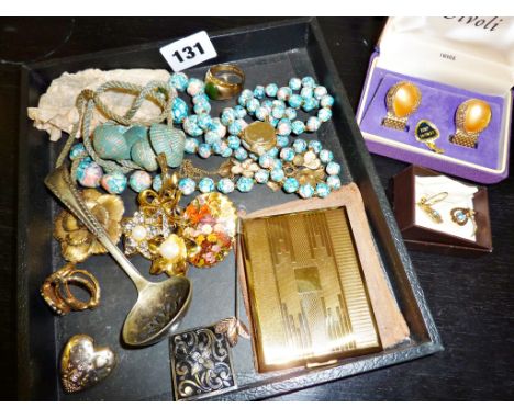 Art Deco KIGU powder compact, 1970s Swank cufflinks in case, a Jade ring and other retro costume jewellery
