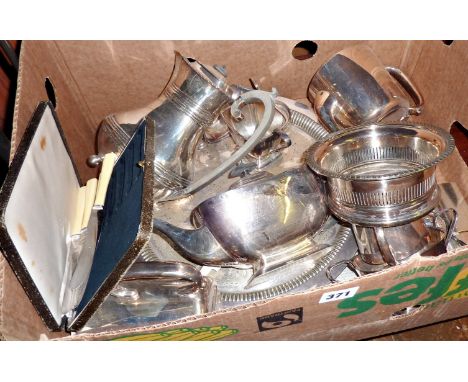 Box of silver-plated items including tea & coffee pots, cased set of knives and a wine coaster