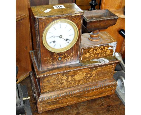 Unusual 19th c. French cigar lighter clock with marquetry panels & a match holder in urn on turned base