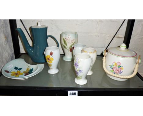 Radford Pottery hand-painted vases and dish, Poole Pottery biscuit barrel and a Poole teapot