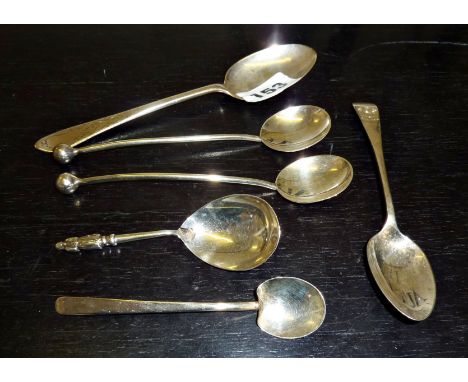 Six silver spoons including a tea caddy spoon by Walker & Hall, a WW1 spoon engraved G. Coy 5th Batt. Royal Scots hallmarked 