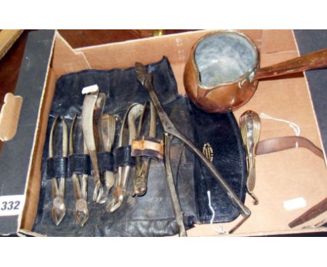 Antique veterinary tools in leather pouch marked "Army & Navy Stores", and an old copper saucepan