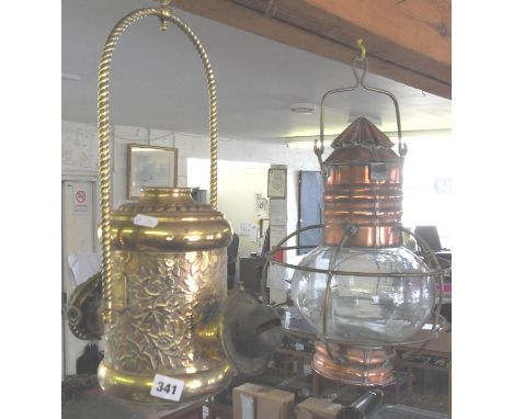 Unusual American brass double hanging oil lamp ("The Angle Lamp"), and a copper & glass ship's lampshade (A/F)