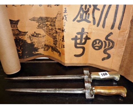 Two WW1 French Lebel epee bayonets, and a Chinese scroll