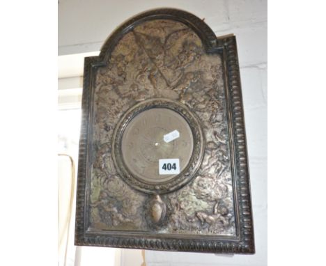 19th c. repousse silvered clock face having arched top and 4.5" dial surrounded by classical cupids & angels, 15" x 10.5" ove