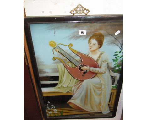 Victorian reverse painting on glass of a lady playing the lyre