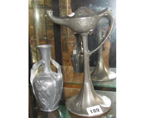 Art Nouveau pewter tall spirit lamp on stem, and a similar vase