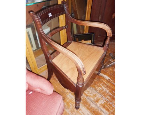 19th c. mahogany elbow chair commode with rope-twist bar back