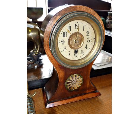 Edwardian inlaid mahogany balloon clock (key attached to rear)