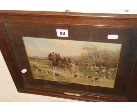 Hunting print by Heywood Hardy titled "Hounds First", in oak frame