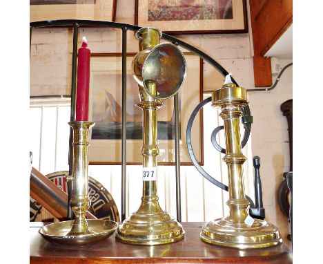 19th c. brass student candlestick, with two others similar