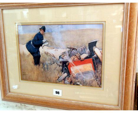 A framed LAWSON WOOD colour print of a policeman & an army officer in crashed motor vehicle