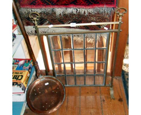 Victorian brass & glass firescreen, and a copper warming pan