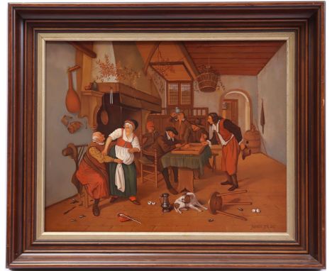 Jan van der Meer (1942-)Inn interior with figures including men with a game, a drinking brother and a groping old man after J