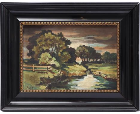 Unclearly signed AK, stream with an outlet to the sea in a wooded area, panel dated 1931, 19x27 cm