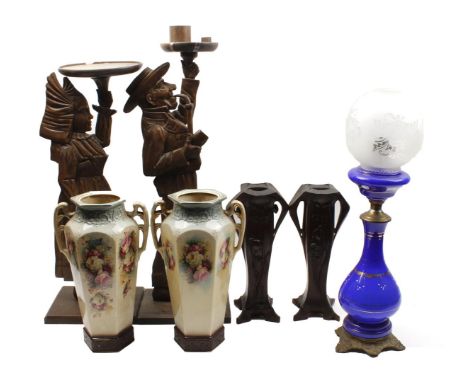 Lot various incl. blue opaline table lamp, 2 wooden Jugendstil candlesticks, 2 glazed earthenware vases and 2 wood-carved smo