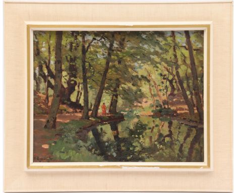 Hermanus Charles Christiaan Bogman (1861-1921)Park with pond and woman walking with child, panel 34x44 cm