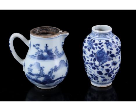 Porcelain lobed tea caddy with floral decoration, China Kangxi period, 9 cm high (hairline) and porcelain milk jug with silve