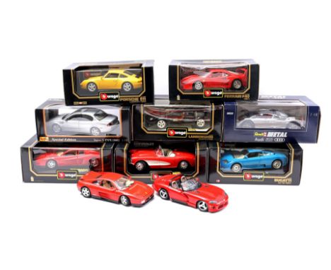 10 Burago scale model cars, 8 in box (1 with damage)