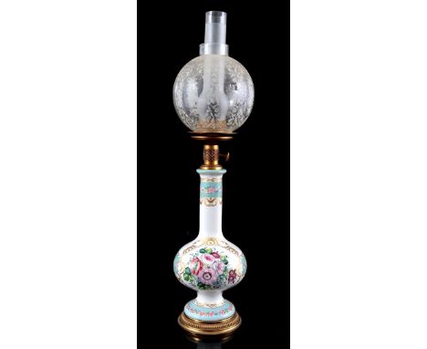 Porcelain table lamp with painted flower decor, copper frames and glass ball with etched decor, 72 cm high