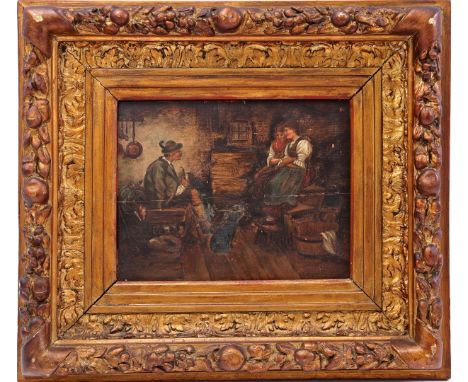 Anonymous, cozy get-together between a man and 2 women, panel 20x27 cm (panel restoration)