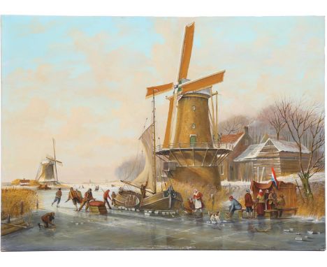 Jan van der Meer (1942-)Dutch winter landscape with ice fun at a windmill, many figures on the ice and a cookie and zopie, pa