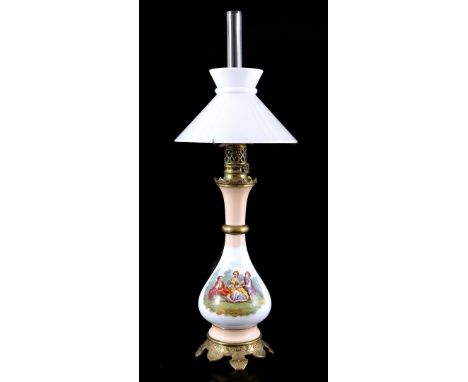 19th century table oil lamp with opaline base with hand-painted decor, approx. 85 cm high
