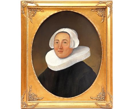 Jan van der Meer (1942-)Portrait of a woman with millstone collar, panel, oval, including frame 62x52 cm