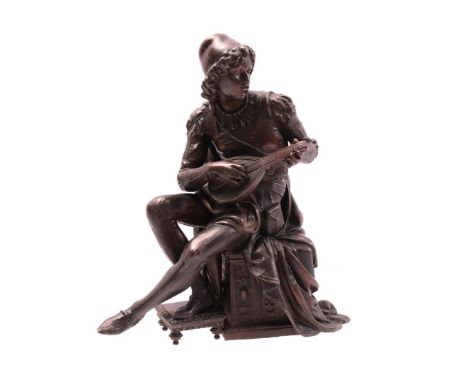 Zamak sculpture of a boy in medieval clothing playing a lute, part of a mantel clock, 31 cm high (damaged lute)