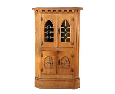 After an antique model, solid oak corner cabinet with glass in the doors with lead and fired panels in the bottom, 165 cm hig