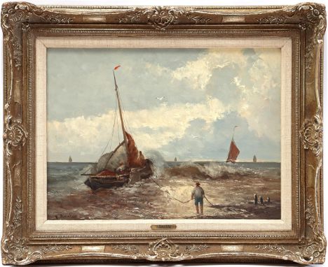 Signed H Reuter, ship in the surf, panel 34x45 cm