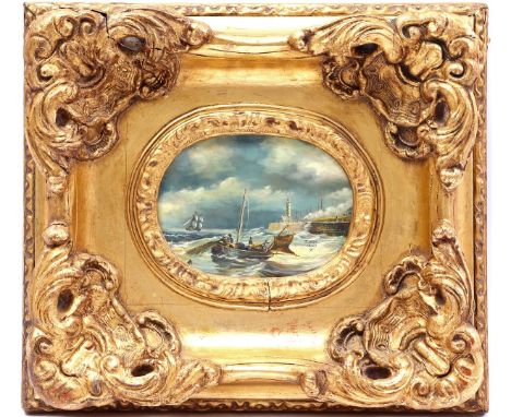 Signed J Webb, fishermen for the harbor head, oval panel after the old master, outer size 35x40 cm