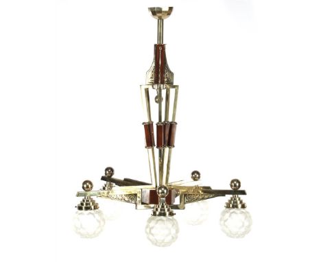 Metal Art Deco 5-light pendant lamp with walnut accents and glass chalices, 122 cm high and 72 cm diameter