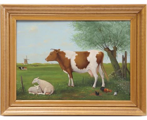 Jan van der Meer (1942-)Dutch landscape with red fur cow and sheep near pollard willow with a windmill on the horizon, panel 