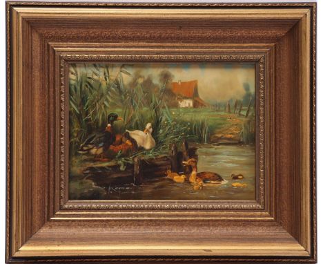 Signed Keyser, duck family on the waterfront, panel 14x18 cm