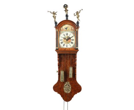 After antique model Frisian chair clock in burr walnut case, 110 cm high