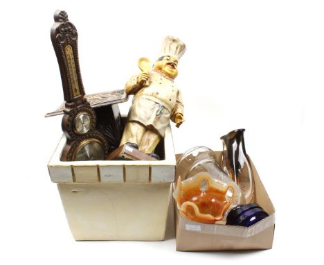 Lot consisting of barometer, 77 cm high, decorative earthenware statue of a cook, 60 cm high, wooden table with carving decor